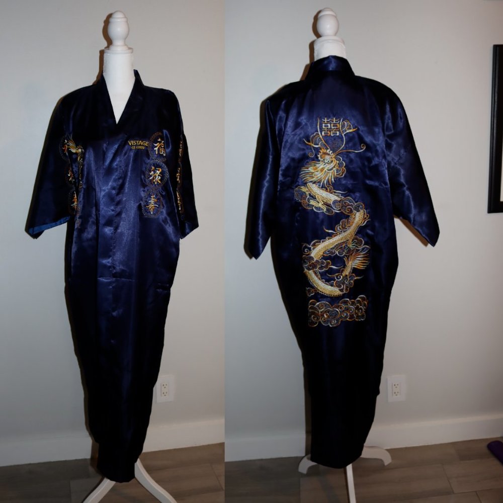 Vintage Satin Kimono Robe Oriental Chinese Dragon Orange Embroidered Dark Blue